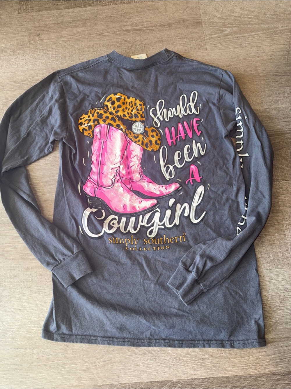 Simply Southern Charcoal Long Sleeve Tee with Pink Boots and Leopard Hat Graphic